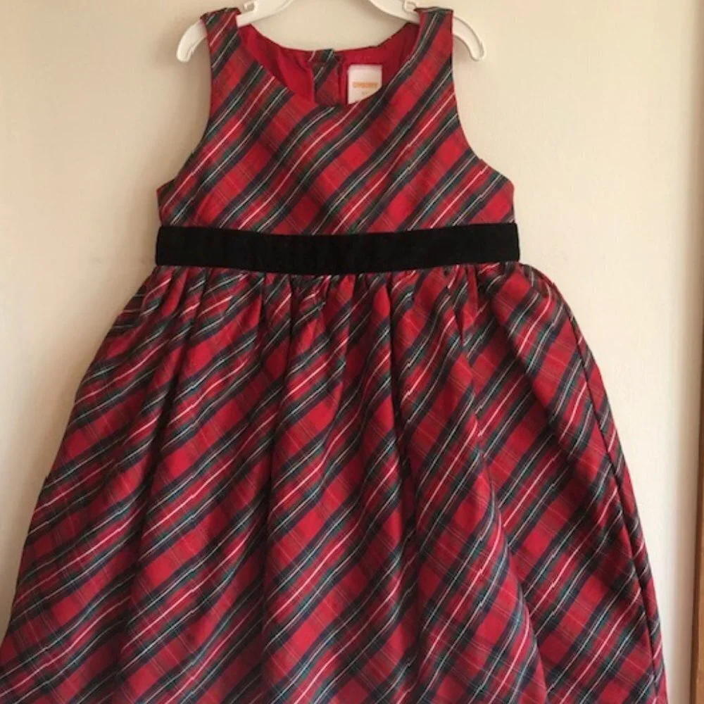 GYMBOREE Red Tartan Plaid Sleeveless Black Velvet Bow Dress 5T